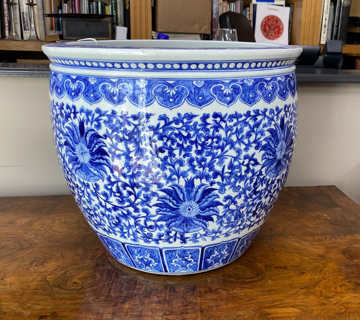 A 20th century Chinese blue and white jardiniere, diameter 42cm, height 38cm